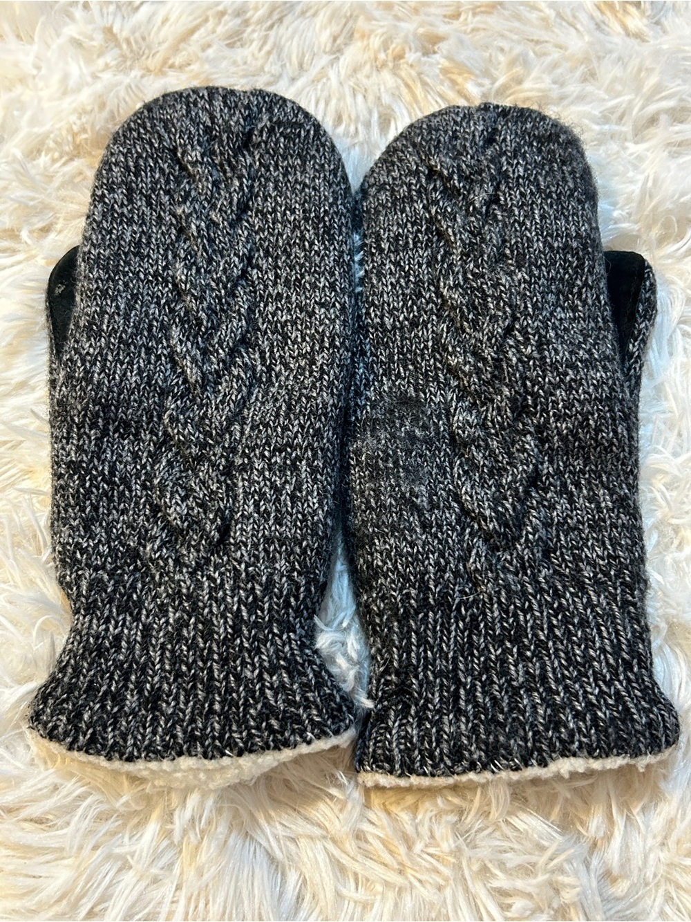 Women's Cable Knit Black and Gray Mittens with Sherpa Lining and Leather Palms
